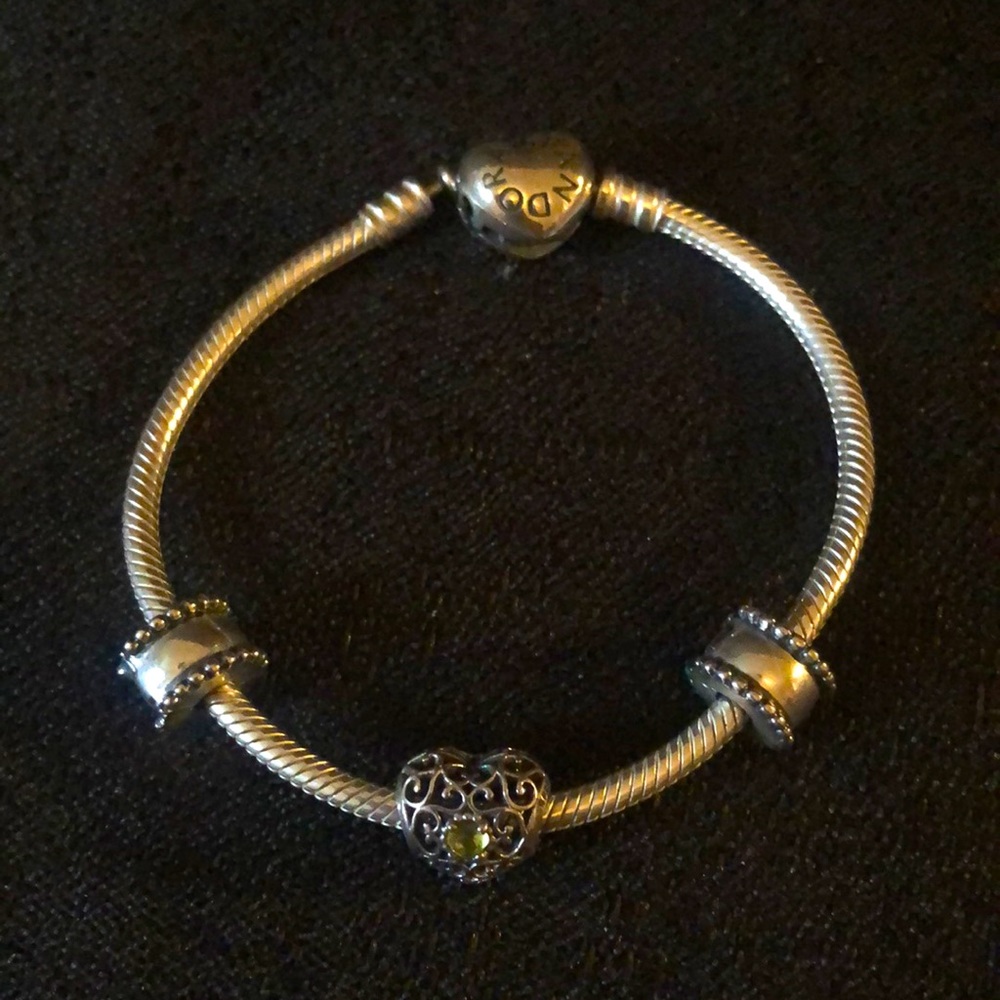 Pandora sterling heart clasp bracelet with 3 charms; green peridot birthday 7” - Picture 2 of 9